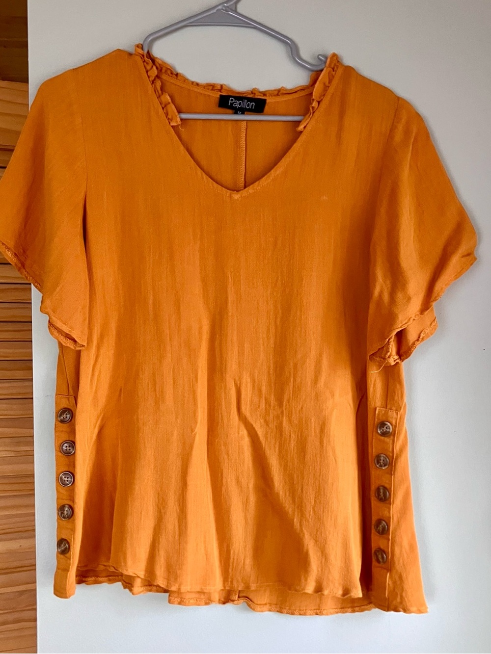 Papillon Turmeric V-Neck Short Sleeve Blouse with Side Buttons - Viscose Blend